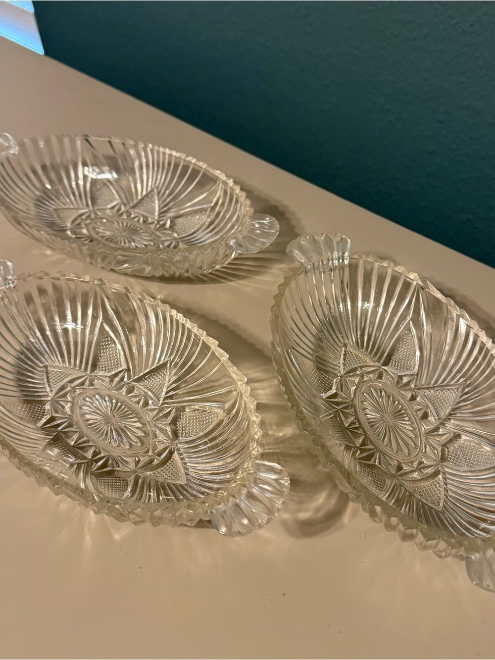 Vintage 1930s Hazel Atlas 573 Crystal Oval Relish Dish Handles, Cut Glass SET 3